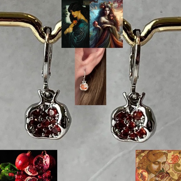 Hand Crafted Jewelry - Persephone Greek Goddess Pomegranate Silver Hoop Handmade Earrings Red Zirconia